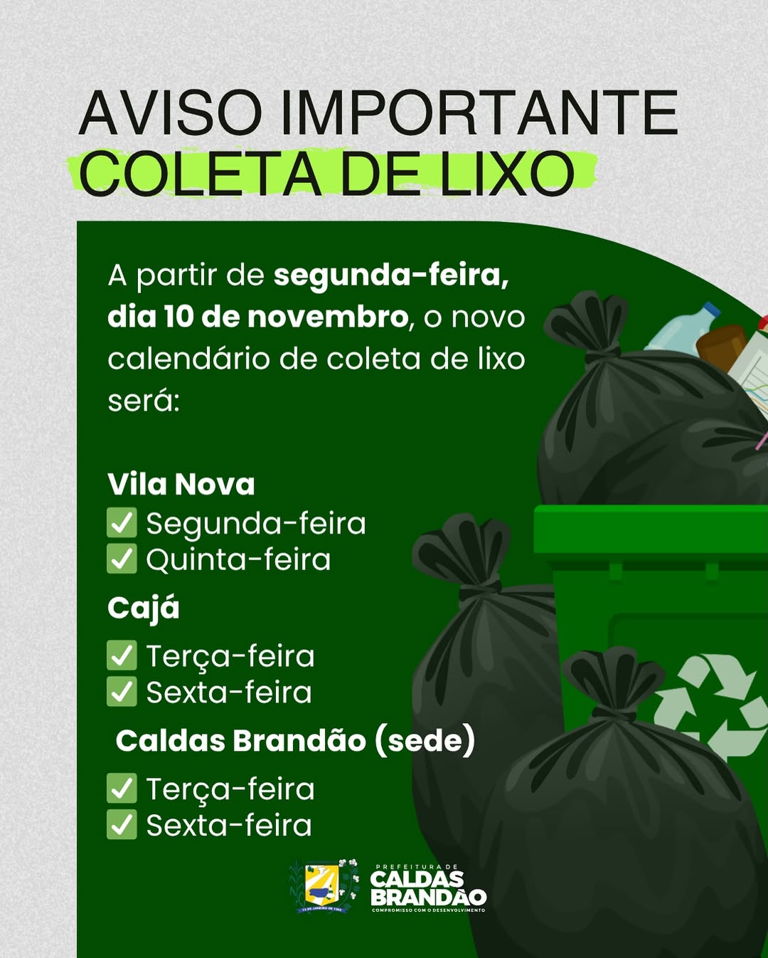 Prefeitura de Caldas Brandão divulga novo cronograma de coleta de lixo em todo o município