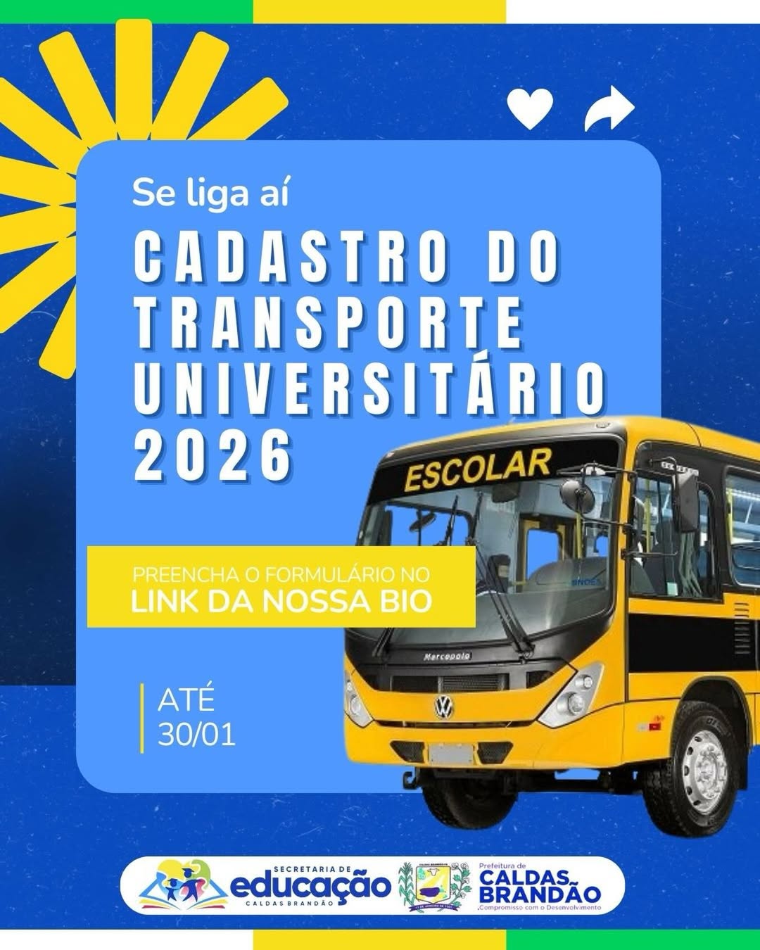 PREFEITURA DE CALDAS BRANDÃO ABRE CADASTRAMENTO PARA TRANSPORTE UNIVERSITÁRIO 2026