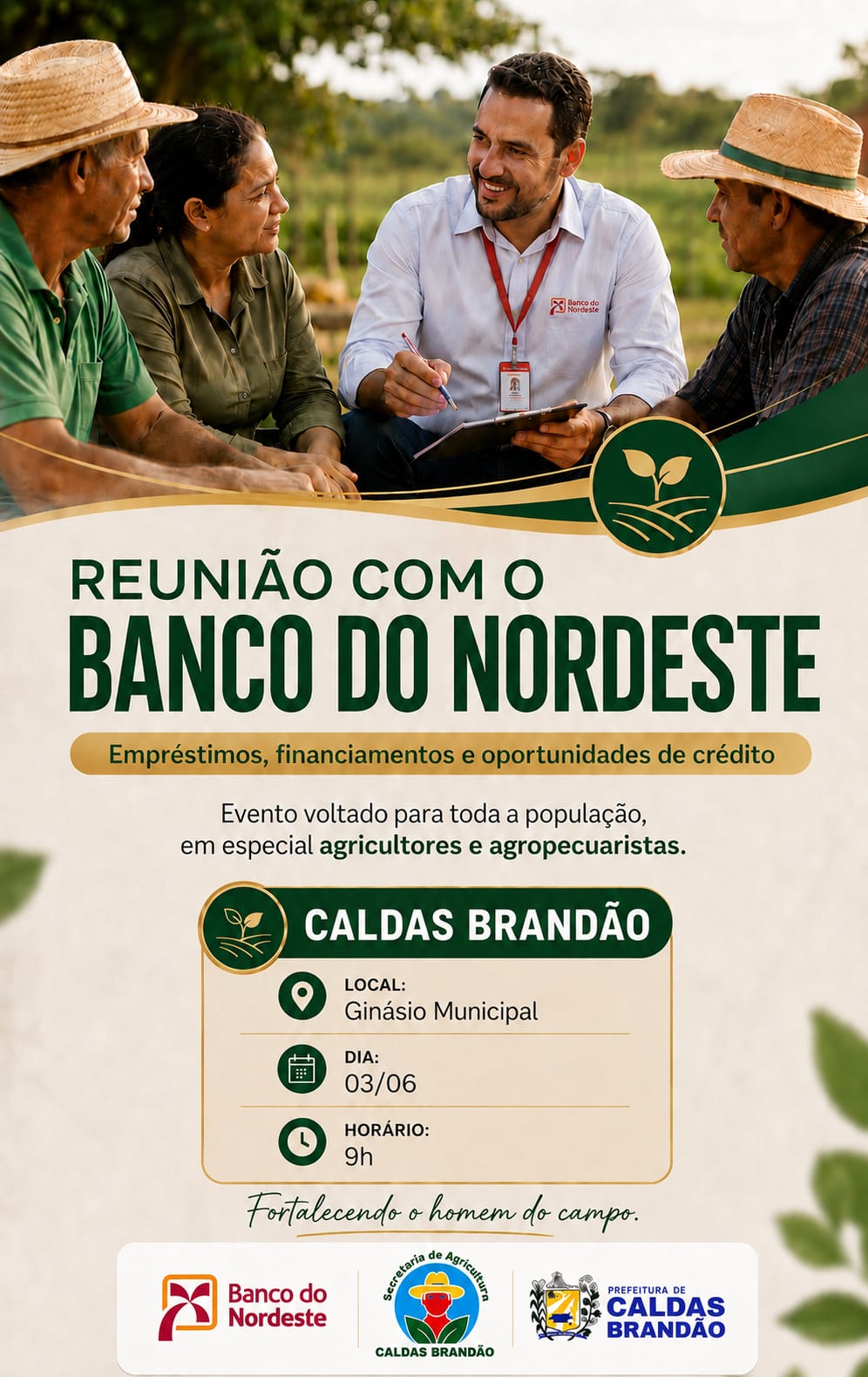 PREFEITURA DE CALDAS BRANDÃO CONVIDA AGRICULTORES E AGROPECUARISTAS PARA REUNIÃO COM O BANCO DO NORDESTE
